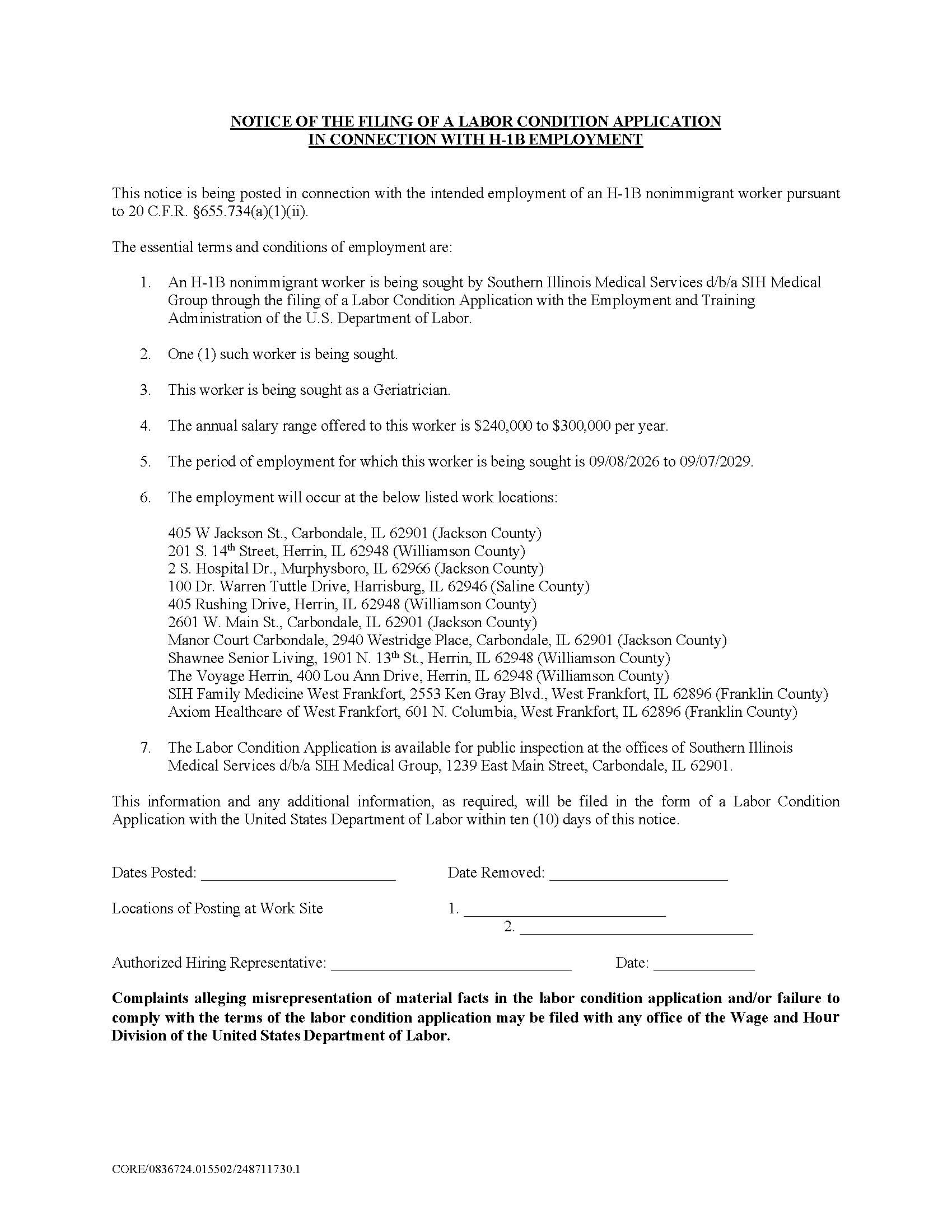 NOTICE OF THE FILING OF A LABOR CONDITION APPLICATION