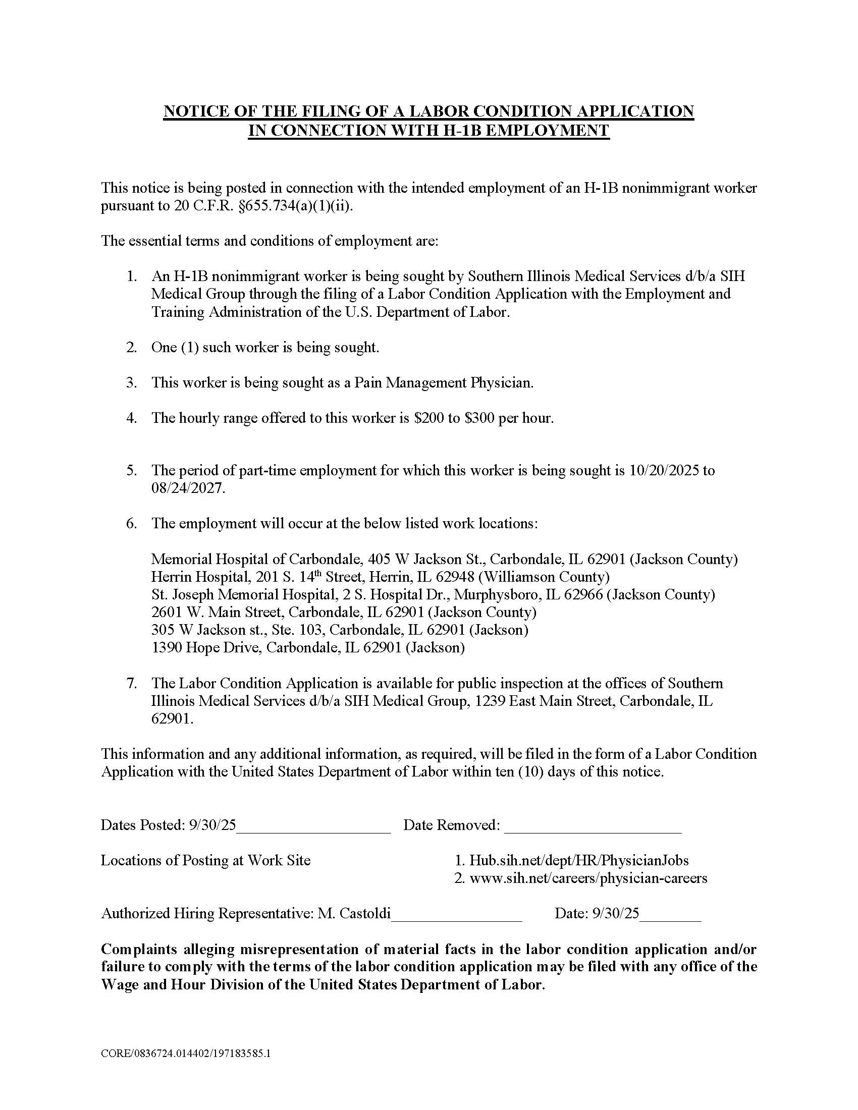 Pain Management part time  H1B posting notice 2025